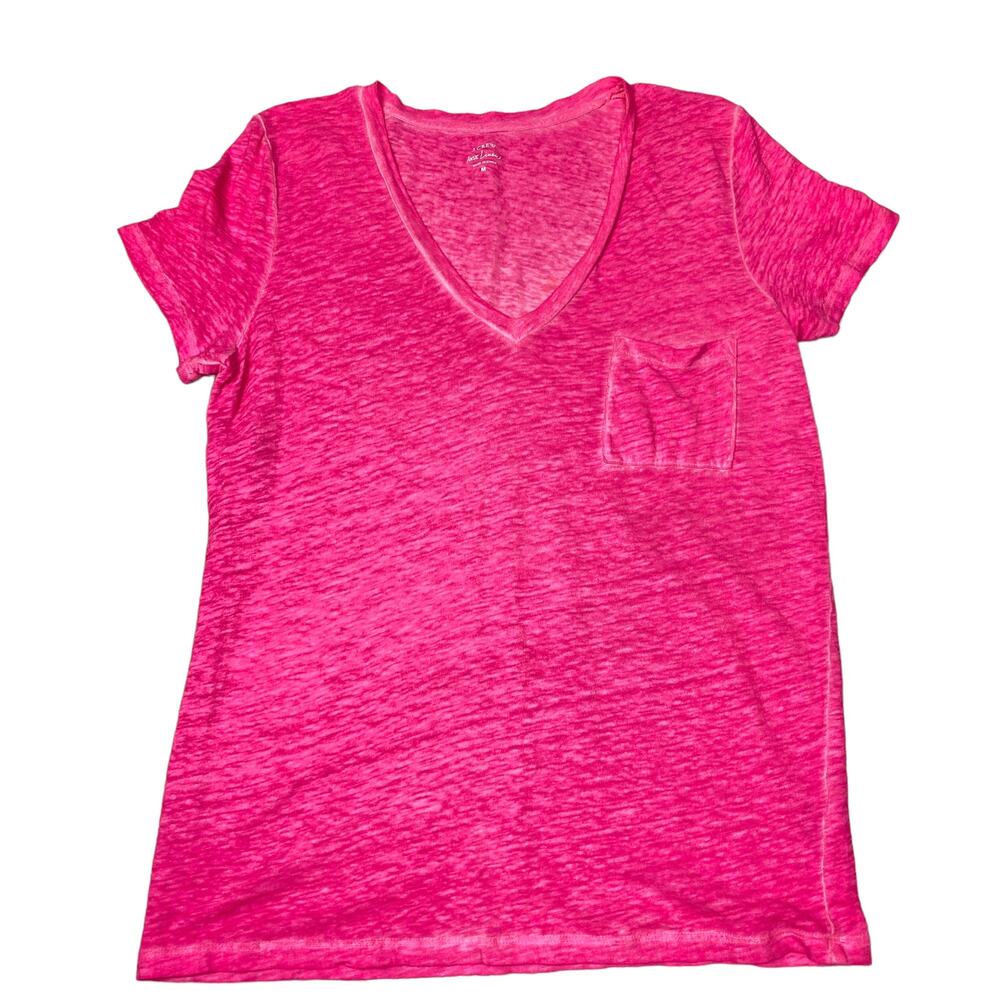 J Crew 100% Linen T Shirt V-Neck Pocket Tee Hot Pink Size M